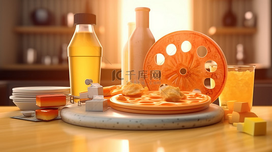 娱乐必需品电影卷轴远程 3D 眼镜披萨橙汁和 3D 渲染插图中的奖牌