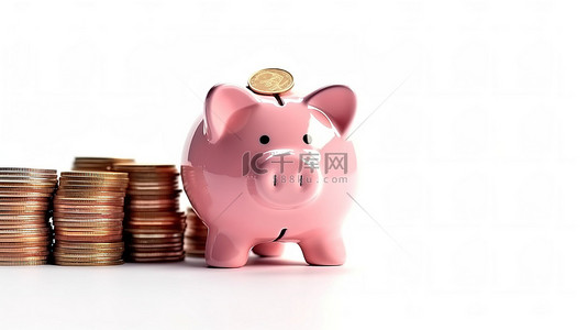 金币高耸在白色背景上的粉红色存钱罐上，说明财务规划和省钱 3D 渲染
