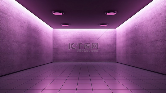 带紫色墙壁的黑色花岗岩地板空房间的 3D 渲染