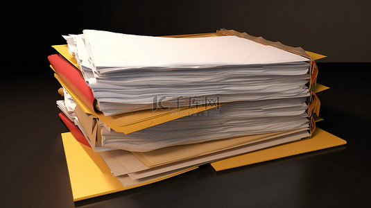 商务信件背景图片_带有纸张和成堆信封的文件夹的 3D 渲染