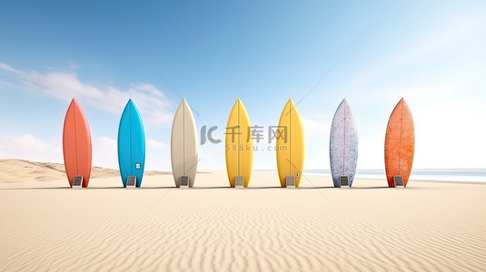 充满活力的冲浪板搁在阳光亲吻的海滩上，在纯白色背景 3D 渲染下