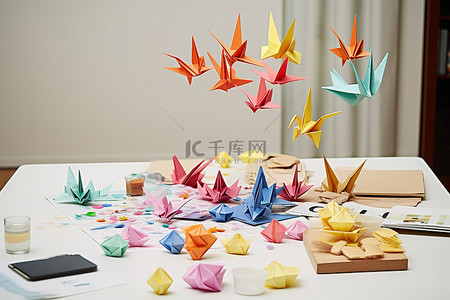 省钱攻略折纸背景图片_纸折纸鸟在桌子上飞翔