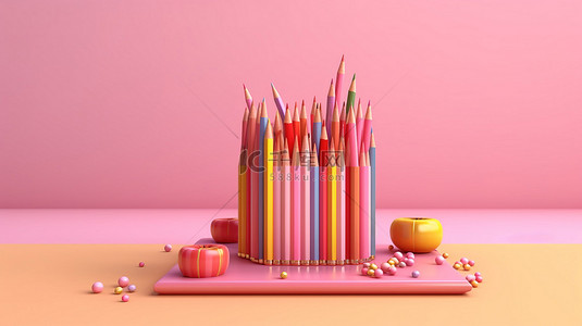 回到学校 3D 渲染书籍和铅笔在粉红色背景上象征着教育的概念