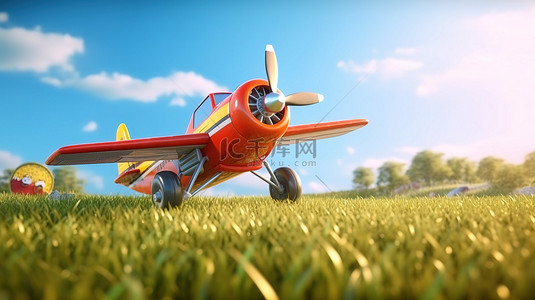 带有广告横幅的卡通飞机在草地上翱翔的 3D 渲染