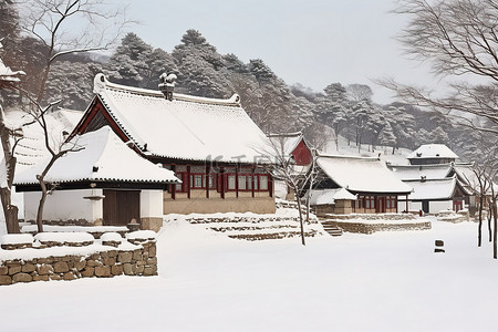 冬天的人背景图片_冬天的小场景，房屋被雪包围