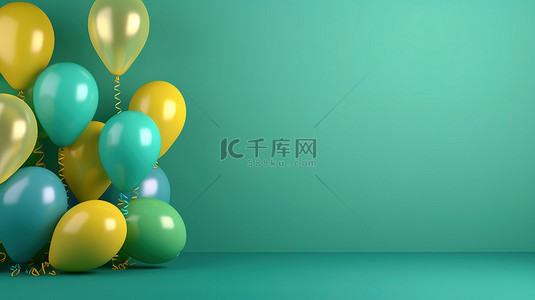 绿色生日背景图片_充满活力的生日气球漂浮在郁郁葱葱的绿色背景 3D 渲染的水平横幅上