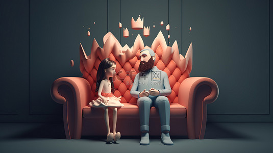 父亲和他可爱的女儿在沙发上的皇室 3d 渲染