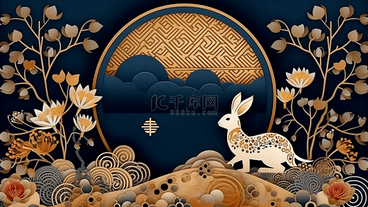 兔子蓝色背景图片_中秋节月亮兔子蓝色精美小花