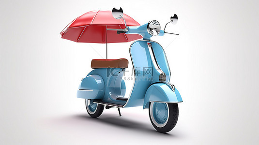 道路蓝色背景图片_白色背景展示了带有红色金属保护保修盾的老式或电动蓝色踏板车的 3D 渲染