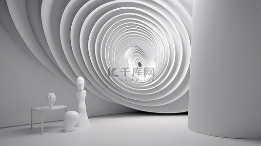 3d 渲染心形墙艺术中的白色旋转漩涡错觉