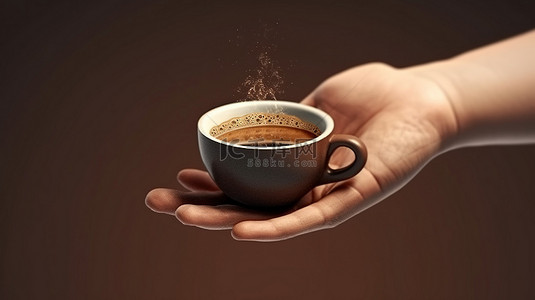 拿着咖啡杯背景图片_一个人的手抓着一杯 3D 渲染的咖啡