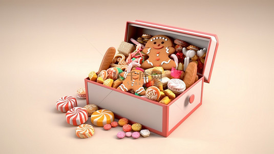 圣诞姜背景图片_令人愉快的圣诞惊喜打开装满姜饼和糖果 3D 渲染的盒子