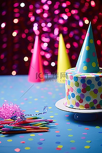 生日物品背景图片_生日聚会，有蛋糕餐巾和帽子等物品