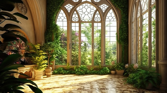 彩色旅行背景图片_鲜花盛开的室内花园，配有宽敞的彩色玻璃窗和拱形门口 3D 渲染