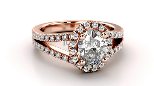 戒指首饰背景图片_分体戒环戒指的 3D 渲染，带有侧面钻石和椭圆形主石，玫瑰金光环