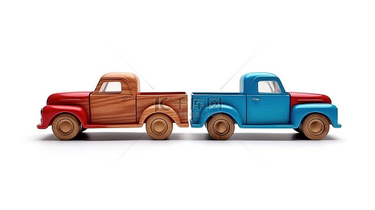 白色背景上的木制红色和蓝色汽车皮卡的 3D 插图