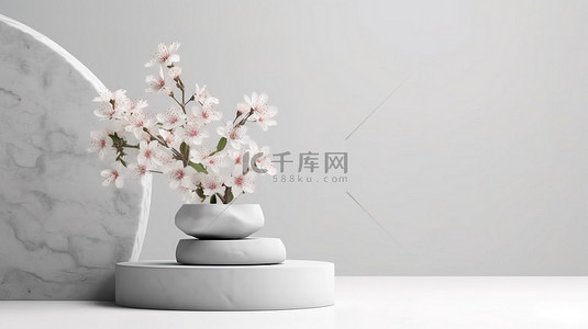 白色背景石讲台，花朵盛开，用于简约产品展示 3D 渲染场景