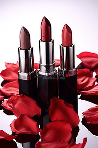 红色玫瑰红色玫瑰背景图片_Bobby Brown 化妆品 4 支口红，白色背景上有红色花瓣叶