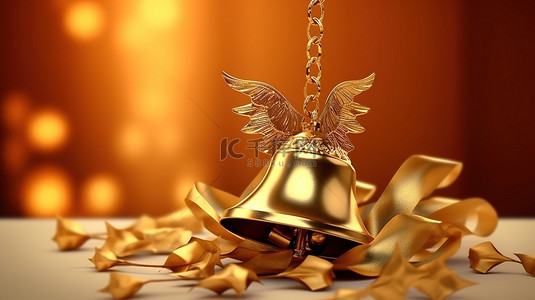 金色装饰的圣诞钟声的令人惊叹的 3D 渲染