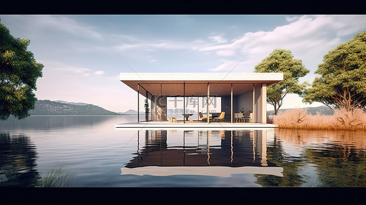 现代公园背景图片_时尚的湖滨住宅，夏季生活的简约 3D 概念
