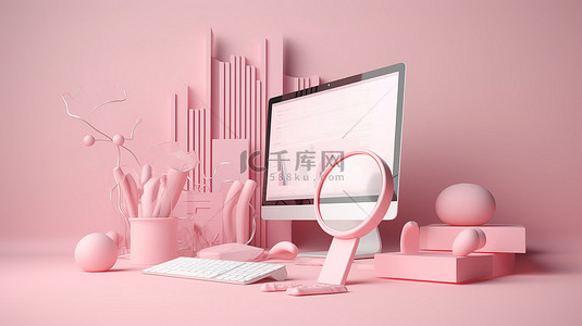 粉红色柔和背景下的增长网络分析和 seo 营销与 3d 渲染的插图