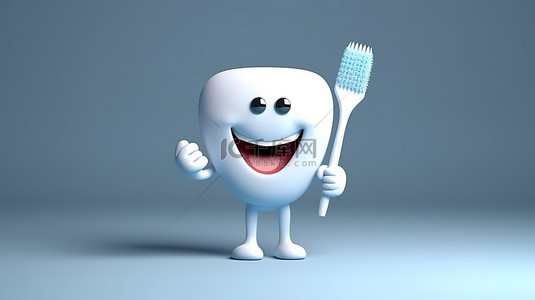 可爱的牙齿吉祥物，带着灿烂的笑容和牙科工具，用于有效的口腔护理 3D 插图