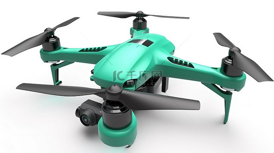 高科技遥控空中无人机，带有现代绿色动作相机，在白色背景上以 3d 呈现