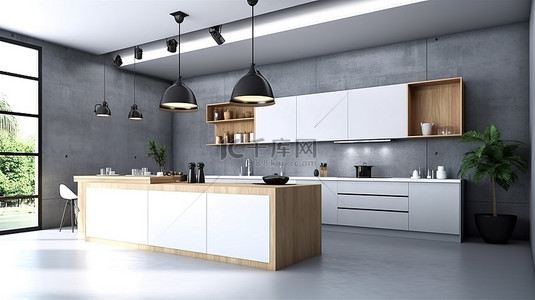 现代厨房设计别致的灰色内饰与 3D 渲染