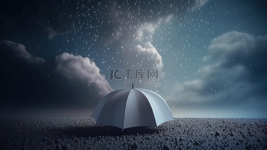 雨季共鸣雨伞和雨云与文本空间的 3D 渲染