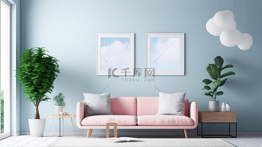 家居风格海报背景图片_现代蓝色室内客厅的 3D 渲染，配有斯堪的纳维亚风格的模型海报框架
