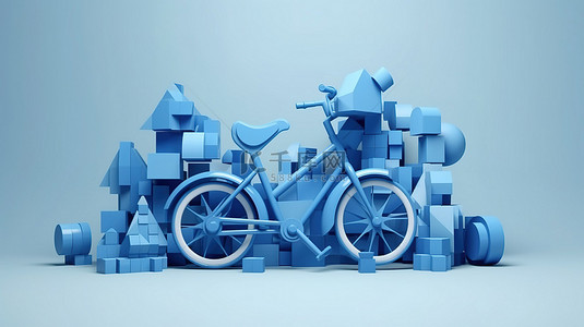 蓝色几何城市背景图片_3D 渲染的蓝色自行车在几何形状中