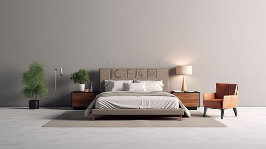 红木背景图片_现代卧室设计 3D 渲染时尚红木床浅棕色扶手椅和灰色地毯