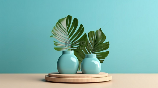 优雅的化妆品展台，配有木质顶桌和蓝色背景 3D 渲染图像上清新的绿色植物