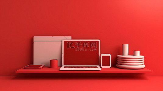 办公桌椅简笔画背景图片_显示笔记本电脑手机和平板电脑的红墙架子 3D 渲染横幅背景