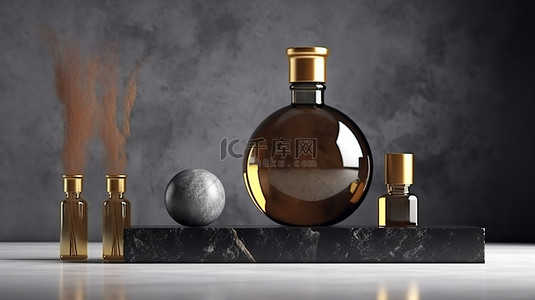 玻璃瓶瓶子样机背景图片_深色背景大理石上装有精油和滴管的琥珀色玻璃瓶和金色口音 3D 渲染模型