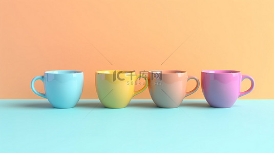 明亮的蓝色背景下柔和彩色咖啡杯的简约 3D 渲染