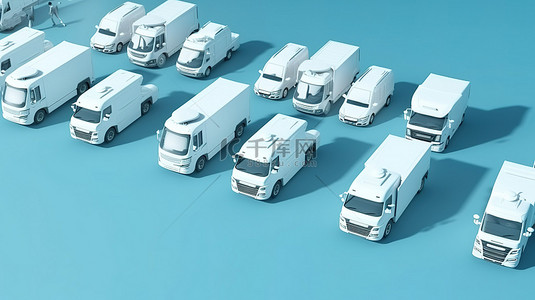 卡车尿素背景图片_3D 渲染中蓝色背景与白色卡车的顶视图