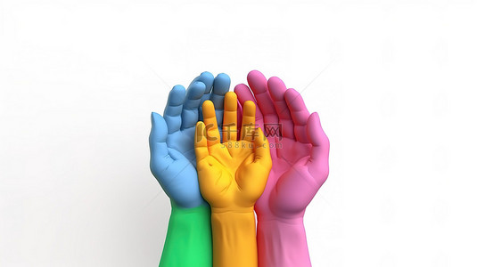 抽象的白色手拿着彩色橡皮泥彩虹玩具反对白色背景 3d 渲染