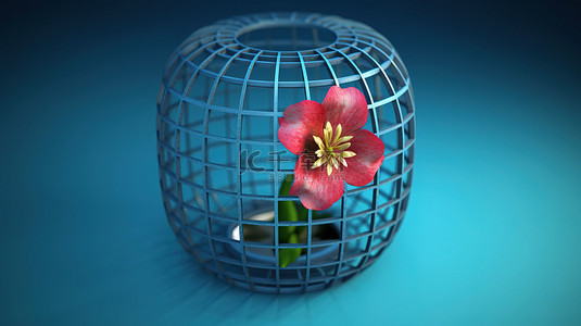 蓝色 3D 网格背景上的花卉中心装饰品