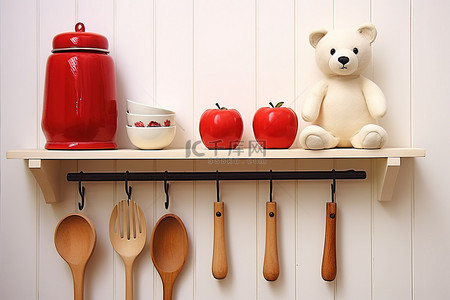 架子上放着木制器皿红熊和水果