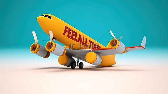 免费送货横幅在 3D 渲染中的卡通飞机上空飞行