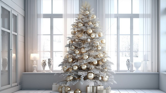 当代斯堪的纳维亚农舍内部装饰节日的圣诞树 3D 渲染插图
