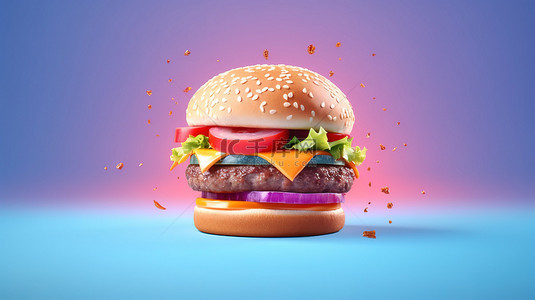 蓝色背景与简约的粉红色芝士汉堡 3D 渲染对象
