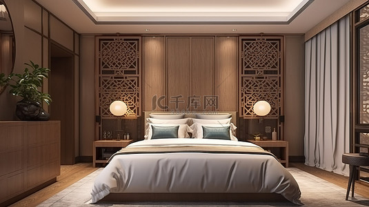 现代中国酒店套房豪华 3D 渲染卧室带衣柜