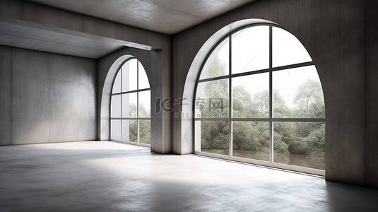 产品展示准备好一个空的混凝土房间，带有 3D 渲染的大拱形窗户