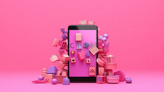 风扇商城背景图片_在充满活力的粉红色背景 3d 渲染中，在智能手机上轻松购物浮动购物项目