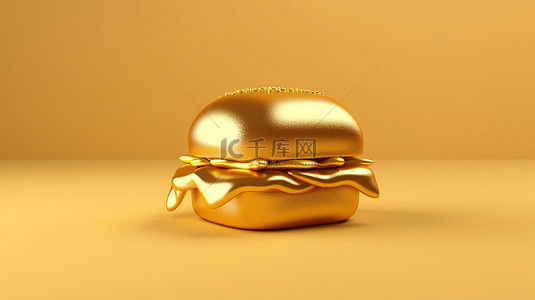 3D 渲染的极简主义芝士汉堡，呈发光的金色色调