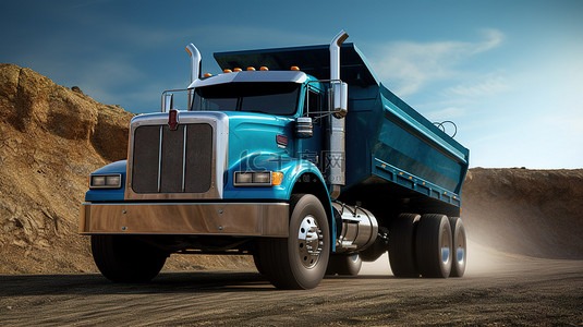 蓝色美国背景图片_一辆巨大的蓝色美国卡车与自卸拖车的 3D 插图