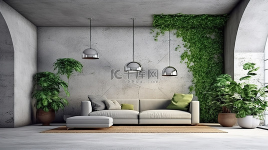 植物墙壁背景图片_客厅混凝土墙和植物室内设计的 3D 渲染
