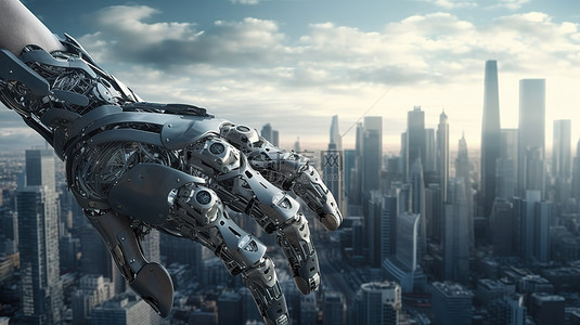 未来机器城背景图片_3D 渲染城市景观中的未来机器人手